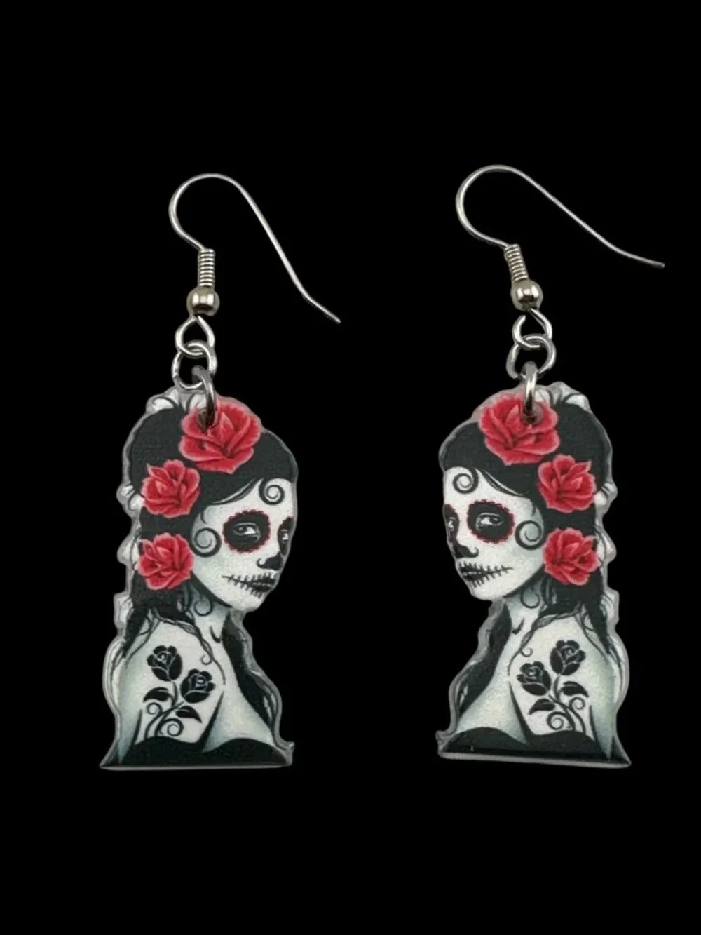 Day of the Dead Earrings Sugar Skull Red Rose Goth Dangle Handmade 2.25